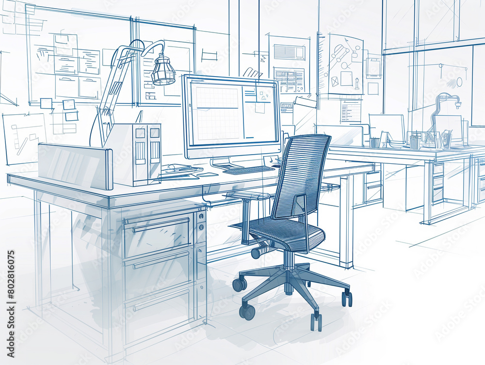 Desk With Computer Drawing Linear sketch, line illustration of the office view including desk ...