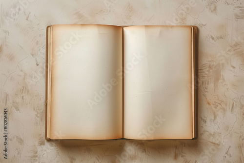 A slightly worn-looking book is spread out on a beige background. You will see two blank pages with faded edges. Floor plan. enlargement. Copy space. Generative AI