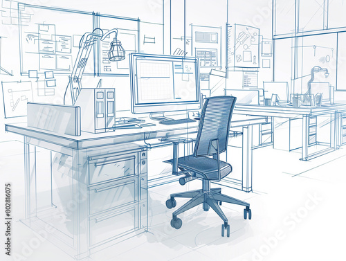 Linear sketch, line illustration of the office view including desk, computer, monitor, chair, etc. Generative AI