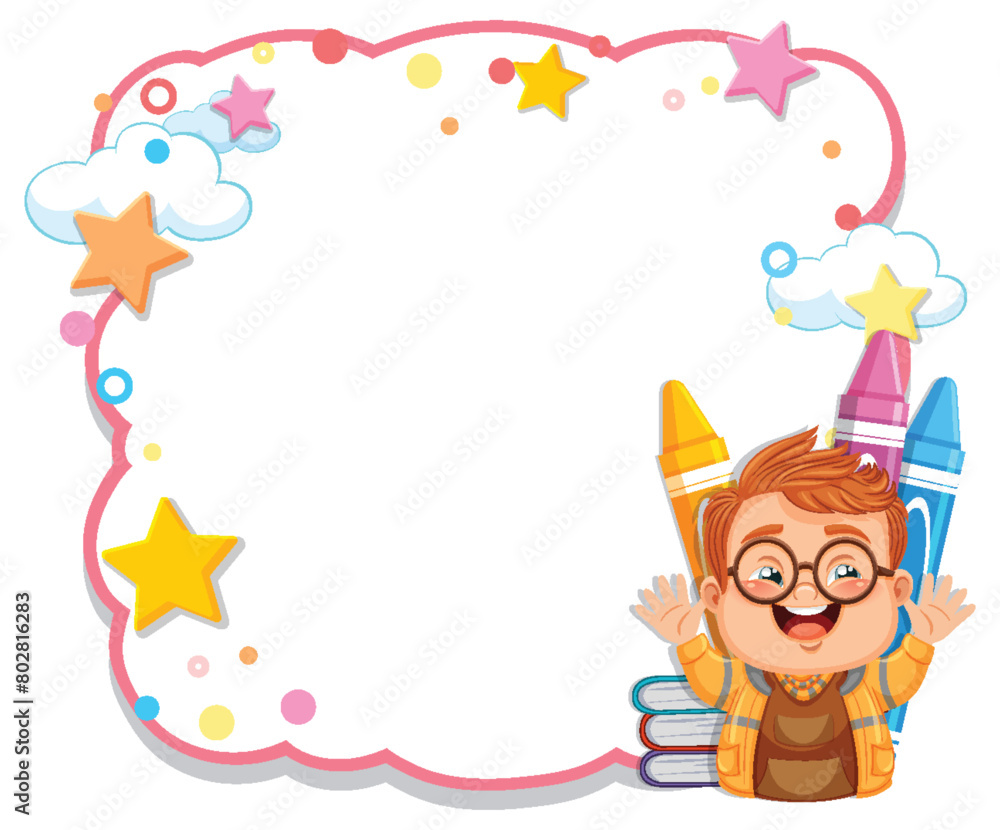 Cheerful young boy with large crayons and colorful frame. Cheerful young boy with large crayons and colorful frame.