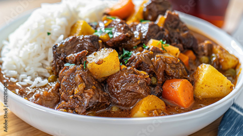 Savory dish of jamaican beef stew with rice, tender carrots, and potatoes, garnished with fresh herbs on a wooden table