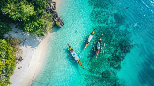 Aerial view of crystal-clear waters, a white beach, and long-tail boats on a tropical island in Southern Thailand. photo