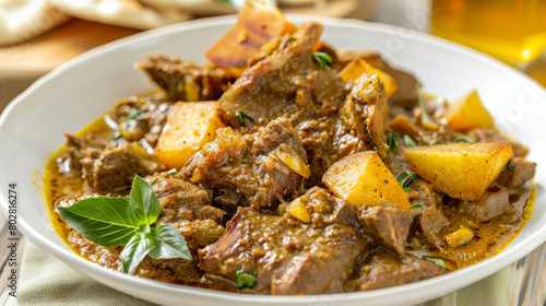 Caribbean cuisine: authentic jamaican curry goat stew with potatoes and fresh herb garnish on a white plate