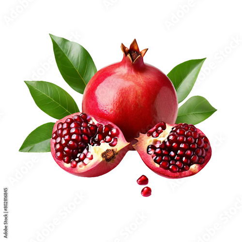 Juicy pomegranate and its half with leaves isolated on PNG background. Generative AI.