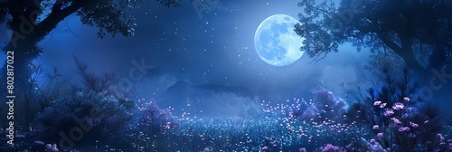 a serene forest scene with a white moon shining over a large tree and a purple flower  set against