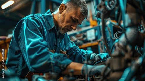 A man working on a motorcycle in a factory. Ideal for automotive industry concepts