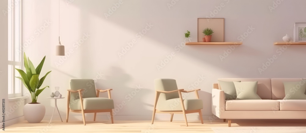 Fototapeta premium Minimalist interior design of a modern living room with light blue armchairs