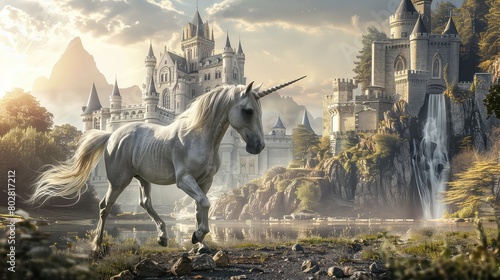 Majestic unicorn gracefully prances before a grand castle, a scene straight out of a fairy tale.  photo