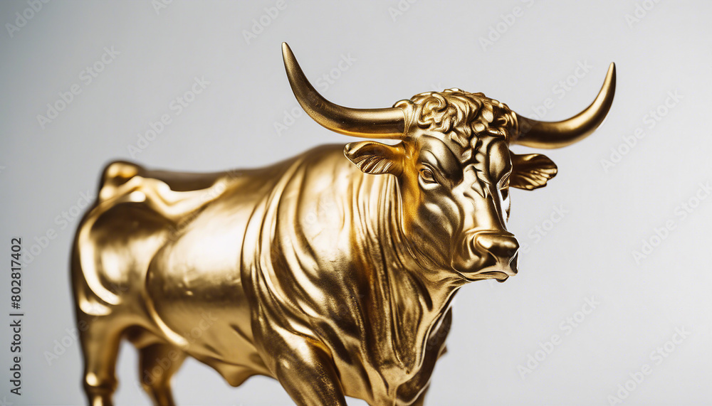 Golden statue of a muscled bull, isolated white background, copy space for text
Golden statue of a muscled bull, isolated white background, copy space for text
