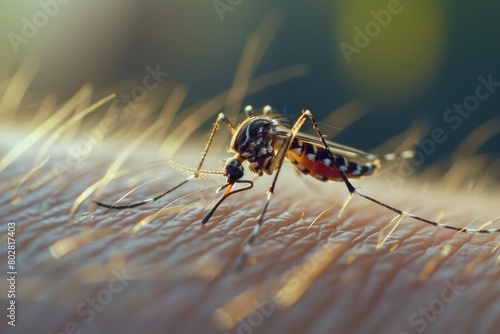Close-up of a mosquito resting on a person's arm. Suitable for medical and healthcare concepts