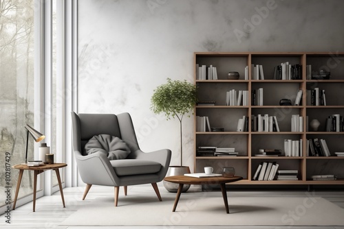 cozy home library interior with bookshelves and armchair, grey color scheme. AI generated © Johnovich