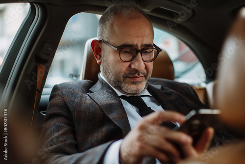 Stylish middle-aged business man in a suit and glasses using a smartphone while sitting on the backseat of a car, in the style of a high quality photo © Sourav Mittal