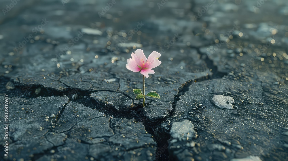 Fototapeta premium Nature's resilience: A delicate flower blooms from a crack in asphalt, symbolizing hope and perseverance amidst adversity. 
