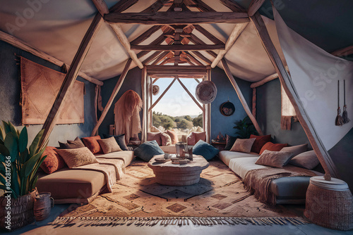 nomadic boho interior background with rustic decor, 3D rendered photo