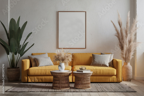 Mockup frame in nomadic boho interior background with rustic decor, 3D rendered photo