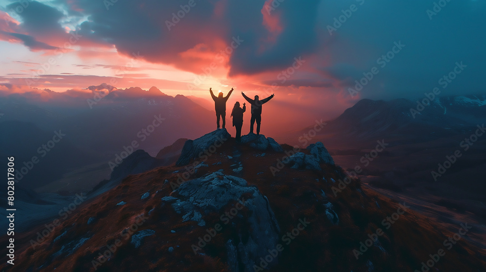 Three people standing at the top of a mountain with their arms raised in success, viewed from a drone with dramatic lighting, in the style of high resolution photography