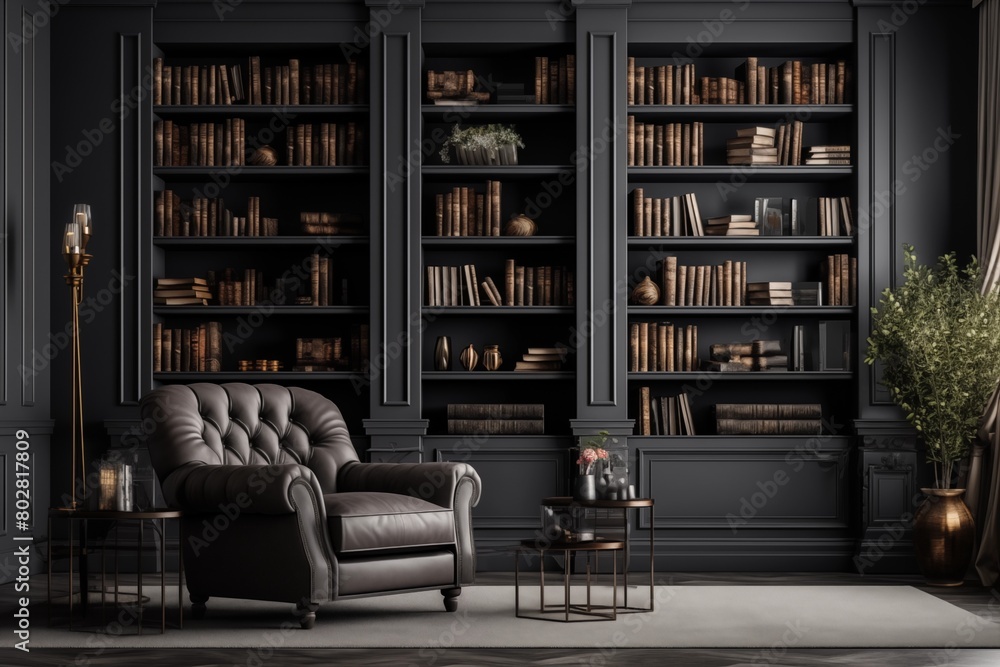 Luxury home library interior with bookshelves, armchair and coffee table. Home study room design concept with vintage books on the shelf in a gray color scheme. AI generated
