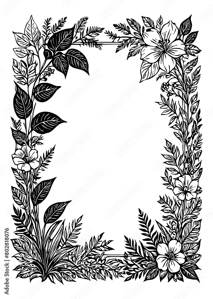 Botanical frame for use in graphics. Black and white line art. Flowers leaves in the illustration. Generated by Ai Botanical frame for use in graphics. Black and white line art. Flowers leaves in the illustration. Generated by Ai