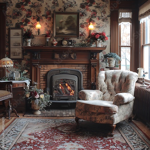 A cozy Victorian sitting room, complete with antique furniture, a crackling fireplace, and intricate wallpaper.
