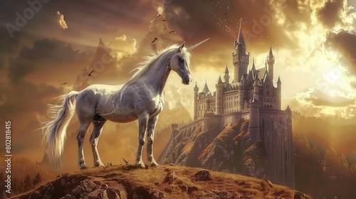 Realm of wonder  Unicorn explores the lands surrounding a grand castle  a vision of fantasy and magic.
