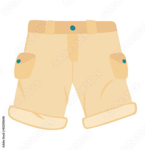 Summer cargo shorts in flat design. Outdoor safari or hiking clothing. Vector illustration isolated.