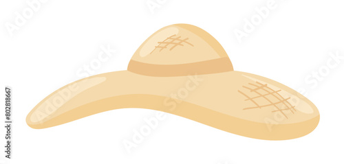 Summer female hat in flat design. Beach straw sunhat accessory model. Vector illustration isolated.