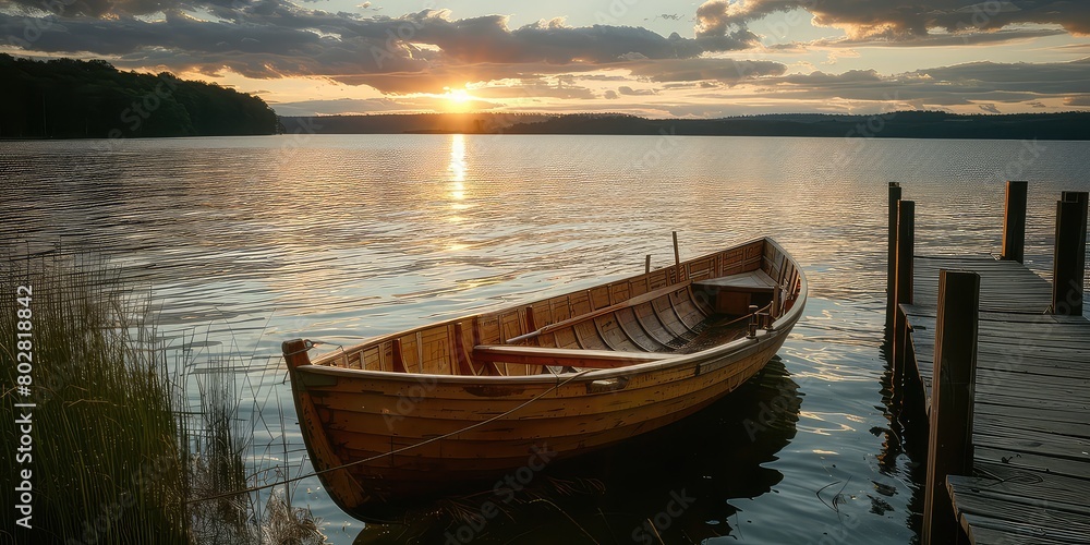 Sundown tranquility: A traditional wooden boat sits by the old dock, bathed in the soft light of the setting sun over the lake. 