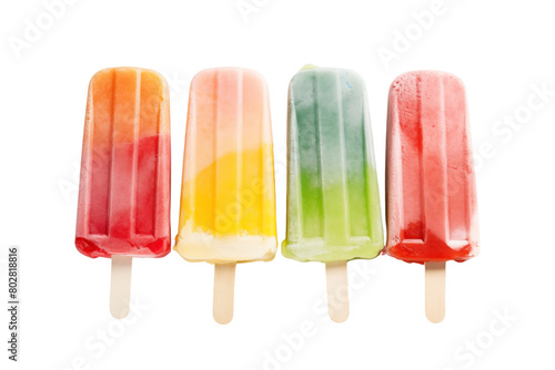Assortment of different fruit flavored popsicles, displayed in a row on a transparent background. Generative AI