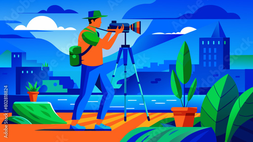 art photgrhaper FLAT ILLUSTRATION of a photographer in nature who takes pictures of the world on camera