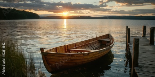 Sundown tranquility: A traditional wooden boat sits by the old dock, bathed in the soft light of the setting sun over the lake. 