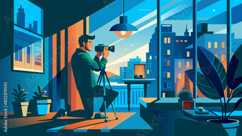 art photgrhaper FLAT ILLUSTRATION of a photographer in nature who takes pictures of the world on camera