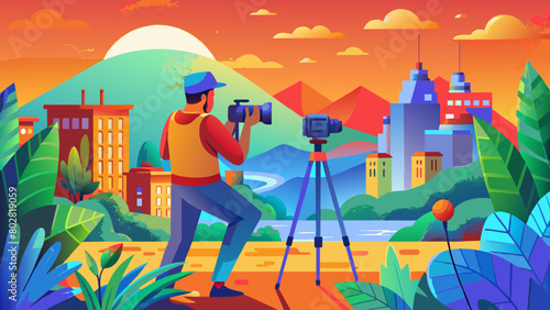 art photgrhaper FLAT ILLUSTRATION of a photographer in nature who takes pictures of the world on camera