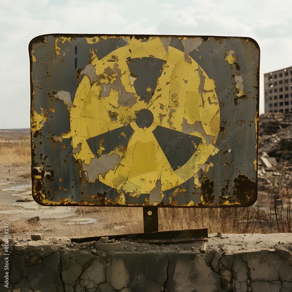 Grungy yellow radiation warning sign on a wall shouts danger