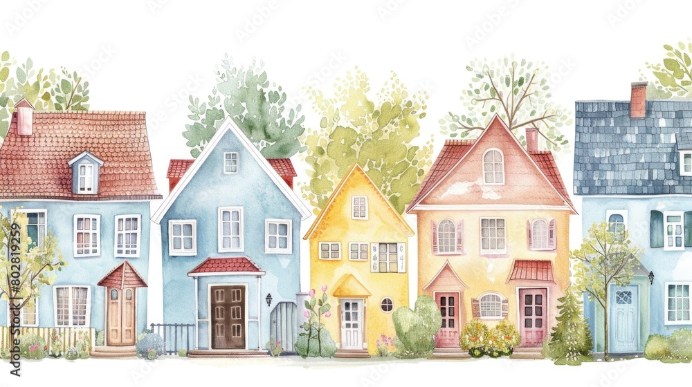 Vibrant painting of a row of colorful houses, suitable for real estate or travel concepts