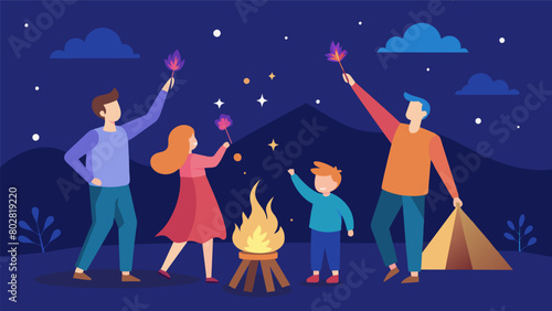 A family gathered around a bonfire children delightfully waving their sparklers and making shapes in the air.. Vector illustration