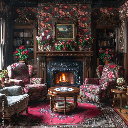A cozy Victorian sitting room, complete with antique furniture, a crackling fireplace, and intricate wallpaper. © raoo