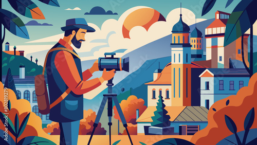art photgrhaper FLAT ILLUSTRATION of a photographer in nature who takes pictures of the world on camera
