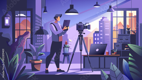 art photgrhaper FLAT ILLUSTRATION of a photographer in nature who takes pictures of the world on camera