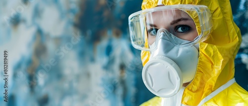 Scientist wearing a gas mask for protection from toxic chemicals or biohazards photo
