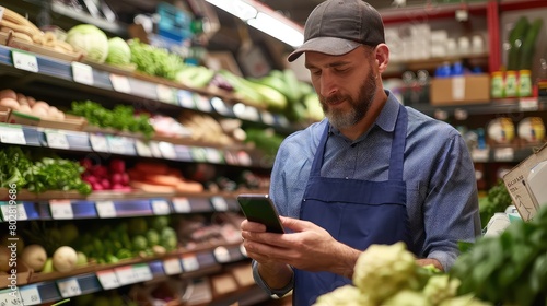 Supermarket owner manages orders and communicates with suppliers on their smartphone.  photo