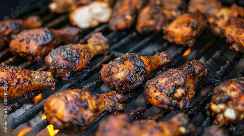 Authentic jamaican jerk chicken legs grilling over an open flame, highlighting classic caribbean flavors and outdoor barbeque methods photo