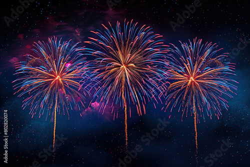 Three powerful colorful fireworks in a cramped space. Horizontal holiday background. Generated by artificial intelligence