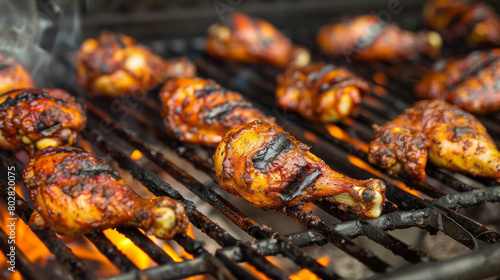 Delicious jamaican jerk chicken with a fiery, smoky kick, expertly grilled over hot coals, embodying the flavors of the caribbean