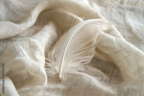 A soft feather resting on textured linen, gentle hues.