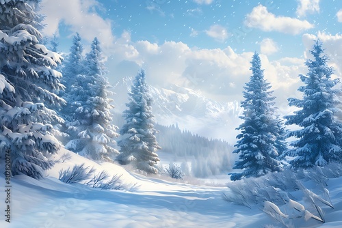 A snowy landscape with pine trees.