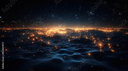 Glowing gold particles fly over the surface of the water at night © Sanichiro