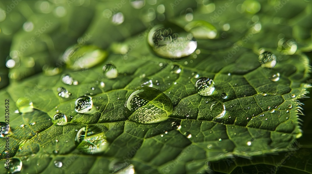 a green leaf covered in water droplets, with a small hole visible in the center
