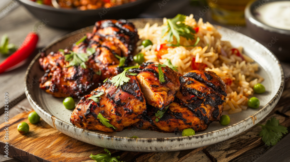 Classic jamaican dish: spicy jerk chicken with fragrant rice and peas, garnished with fresh herbs on a rustic platter