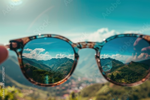 A person holding up sunglasses with a scenic mountain backdrop. Ideal for travel and outdoor lifestyle concepts