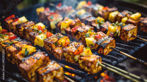 Grilled jamaican jerk tofu skewers with pineapple, bell peppers, and onions on a barbecue, evoking the taste of the caribbean